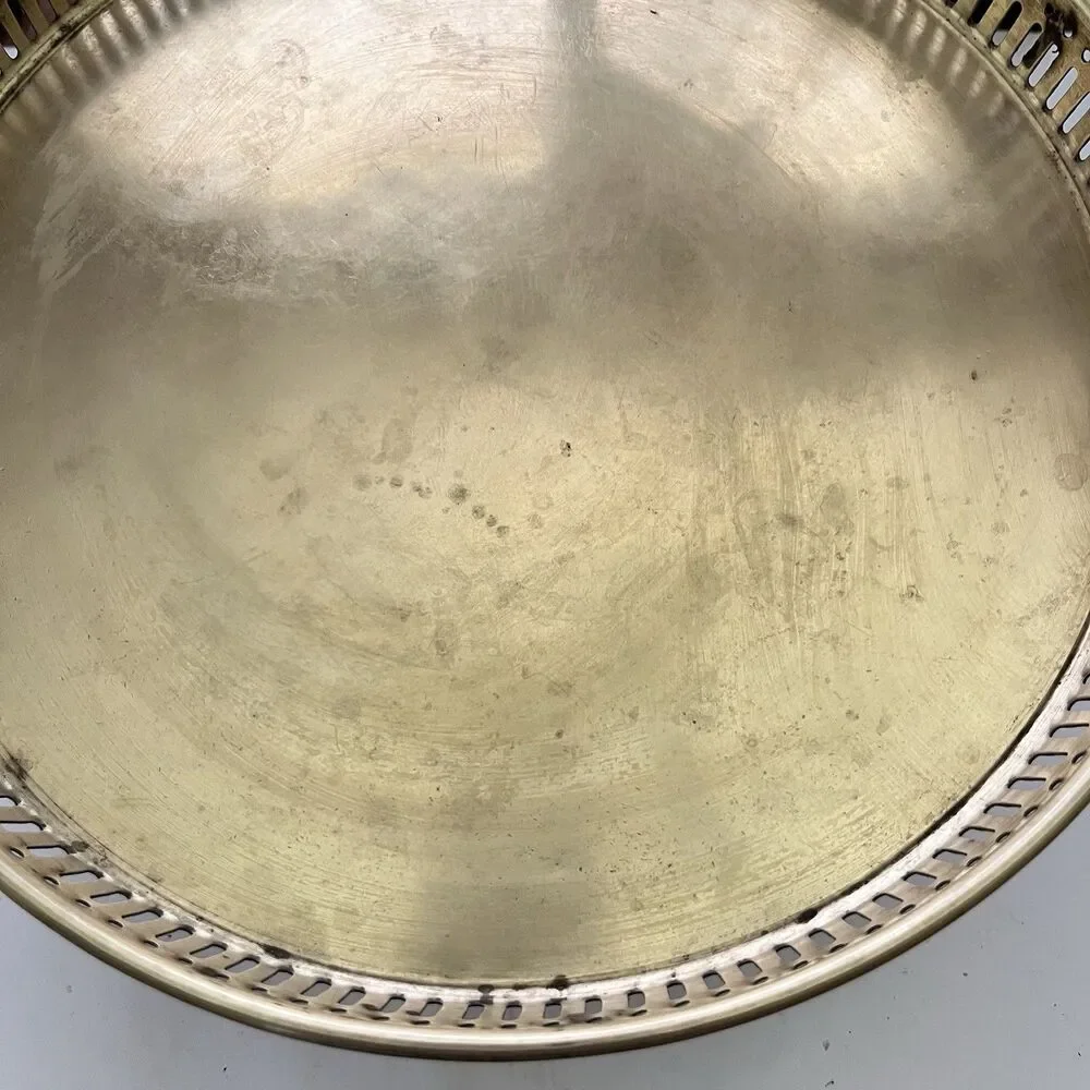 Vintage Brass Gallery Tray Round Ornate Dual Handles Made in India 11 Inch